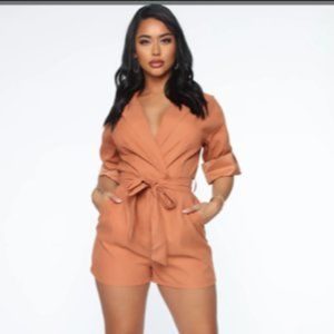 Tailored Tie-Waist Romper in Rust